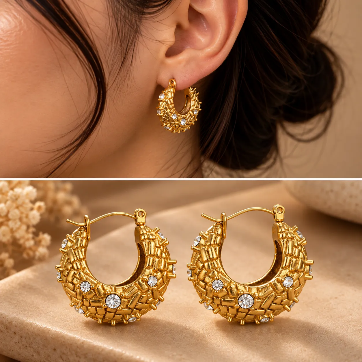 Aurielle Crystal Textured Hoop Earrings image 2