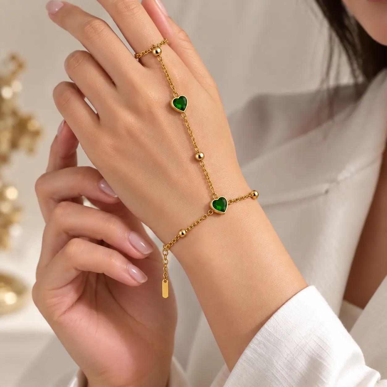 Emerald Heart Hand Chain Bracelet image 3