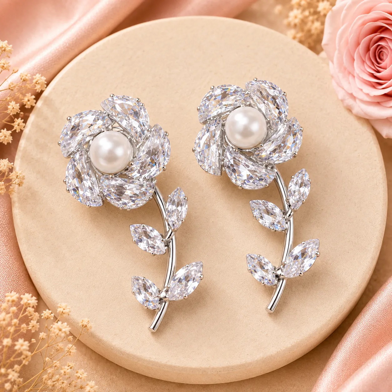 Crystal Bloom Pearl Vine AD Earrings