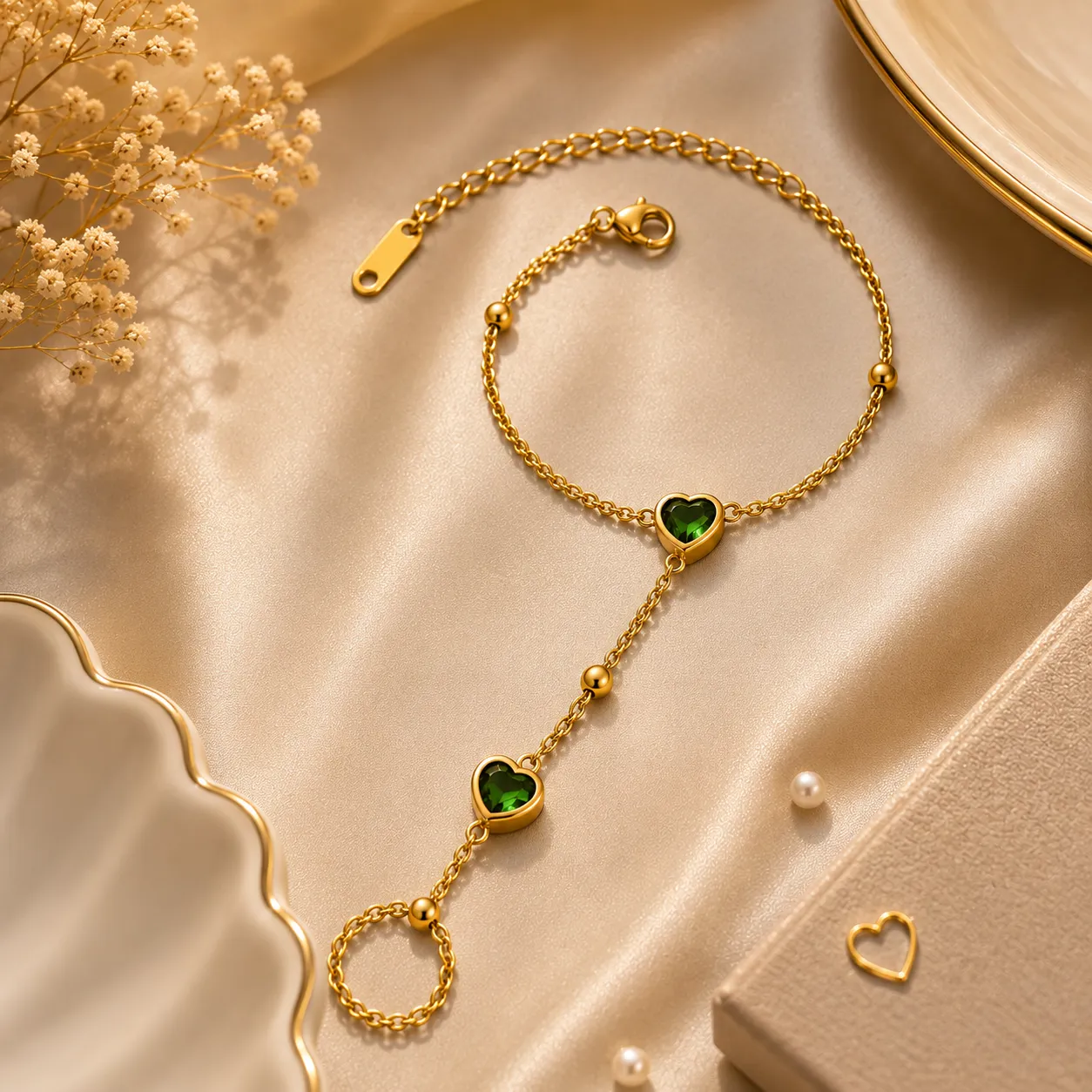 Emerald Heart Hand Chain Bracelet