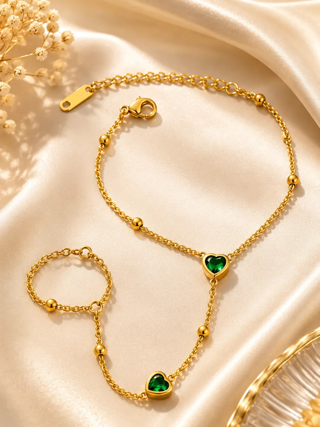 Emerald Heart Hand Chain Bracelet image 2