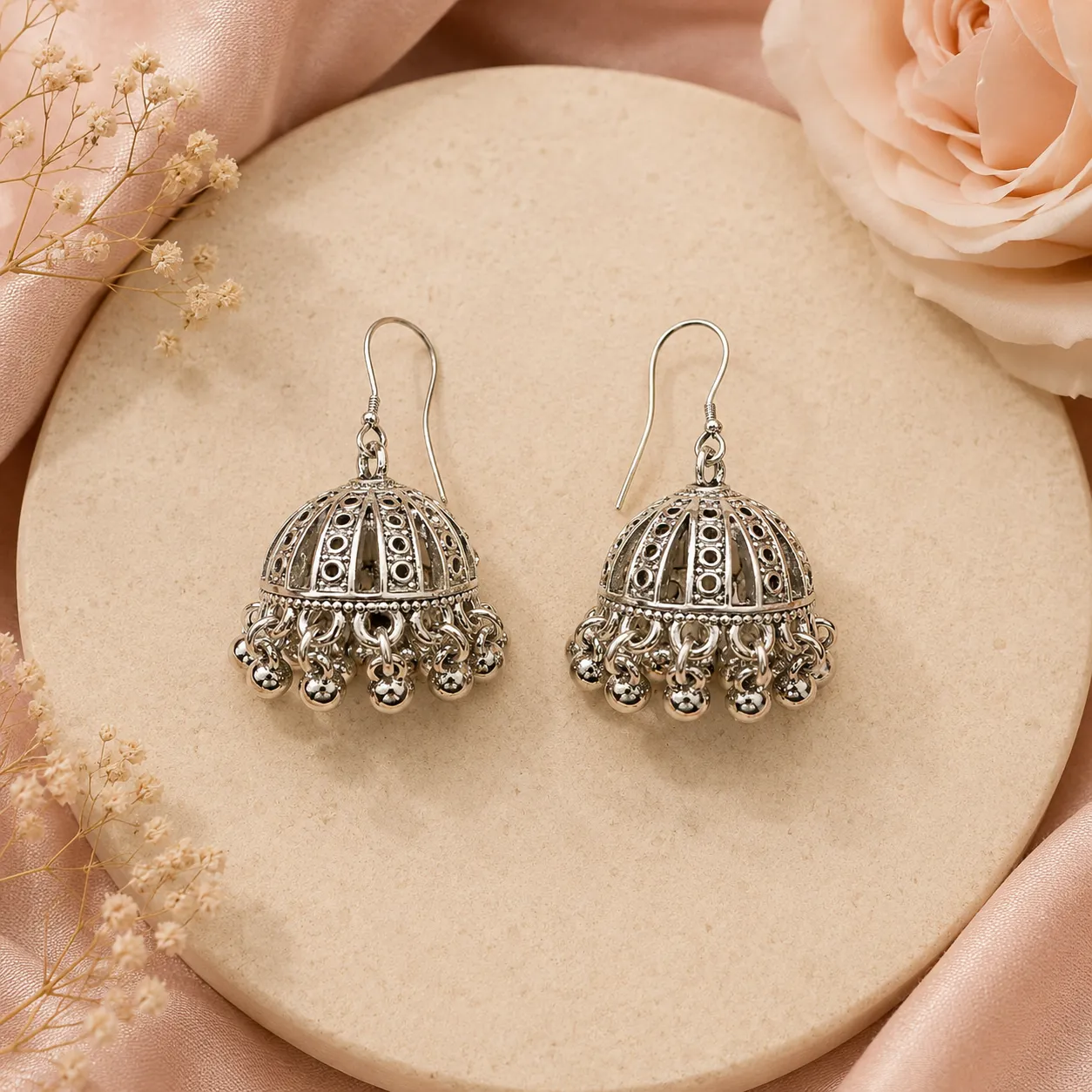 Noor Dome Silver Jhumka Earrings