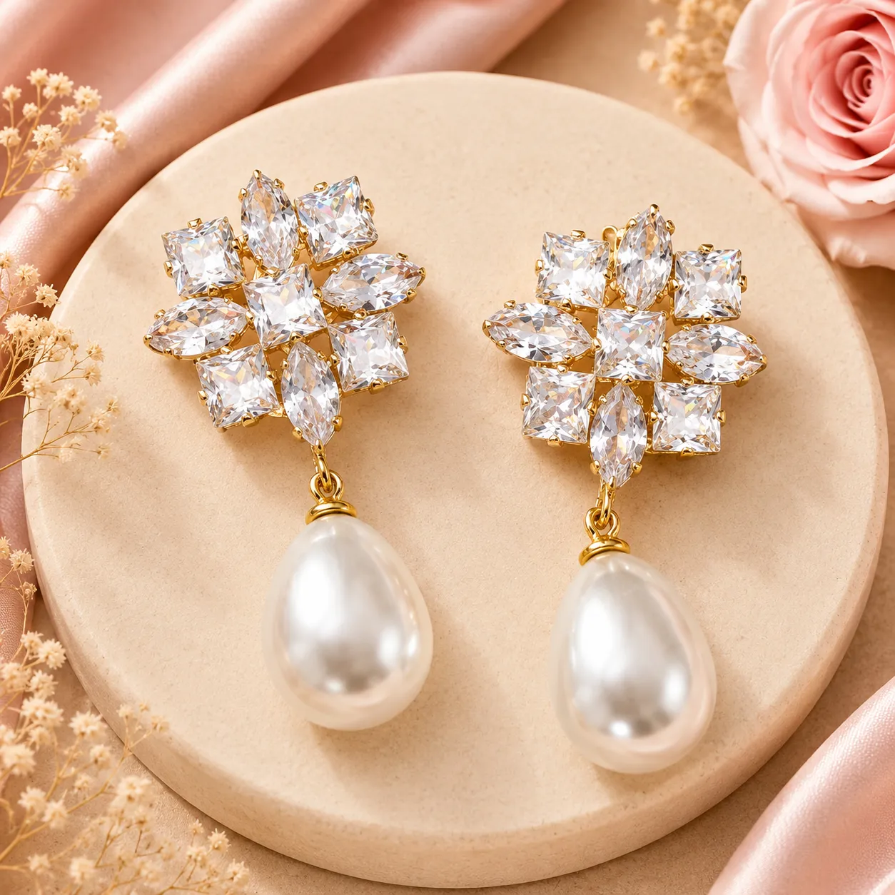 Crystal Bloom Pearl Drop Earrings